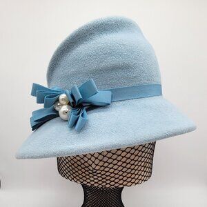 Custom Made - Powder Blue Felt Hat with Blue Ribbon and Pearl Trim